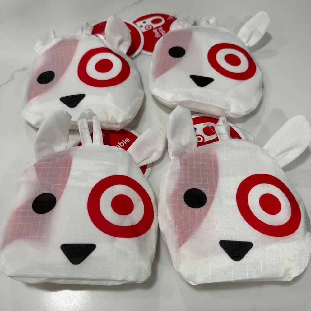 Set of 4 Target Bullseye Dog Foldable Reusable Tote Bags White Red 16x20 New